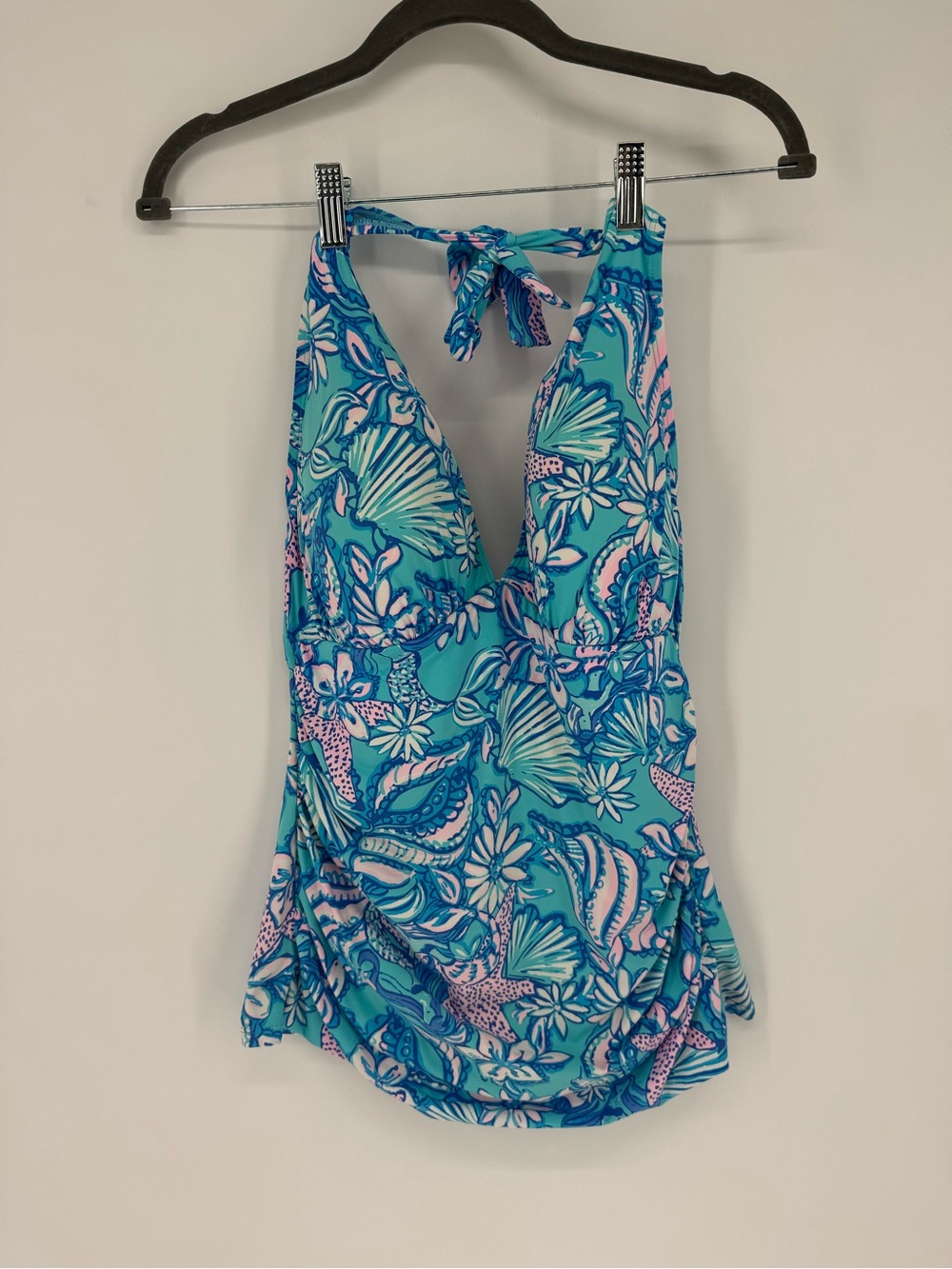Lilly Pulitzer Turquoise Floral Halter Tankini Top with Pink Accents